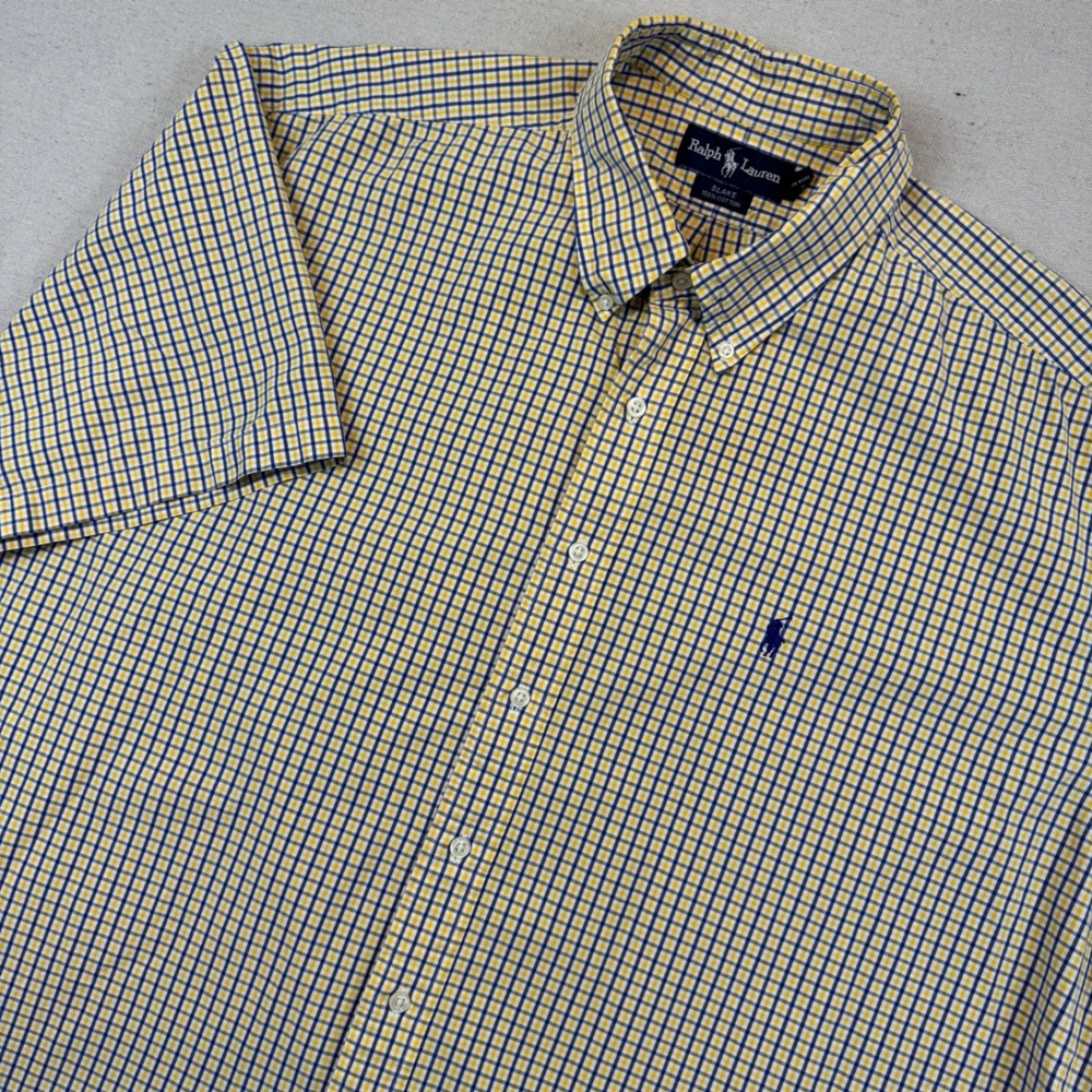 Ralph Lauren XXL Button Down Shirt Mens Yellow Blue Blake Plaid Short Sleeve
